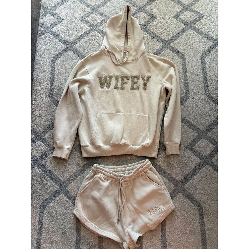 Six Stories Wifey Teddy Sweatset Champagne Hoodie M Sweat Shorts S Bridal Lounge